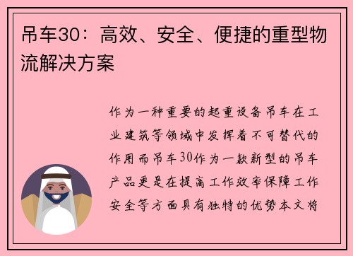 吊车30：高效、安全、便捷的重型物流解决方案
